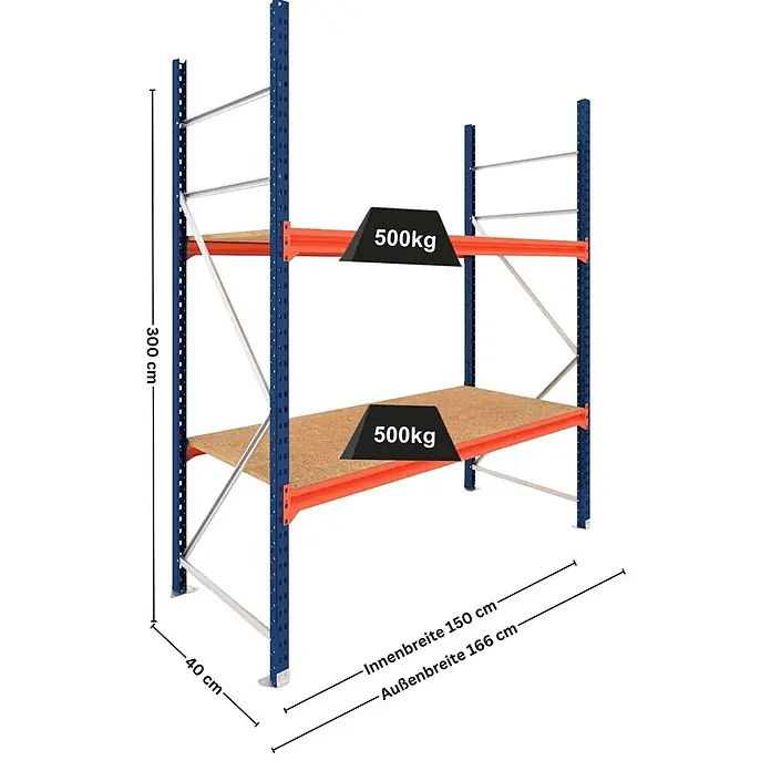 Proregal Schwerlastregal Grundregal DOMINUS mit Spanplatten - H x B x T: 300 x 150 x 40 cm, Traglast pro Boden: 500 kg, Anzahl Böden: 2 Stk., Stecken, Blau/Orange