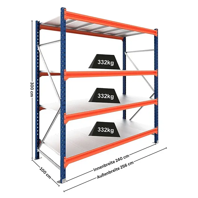 Proregal Schwerlastregal Grundregal DOMINUS mit Stahlplatten - H x B x T: 300 x 240 x 100 cm, Traglast pro Boden: 332 kg, Anzahl Böden: 4 Stk., Stecken, Blau/Orange