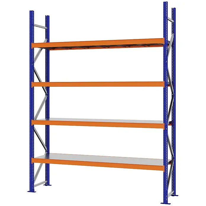 Proregal Schwerlastregal Weitspannregal MAGNUS PRO mit Stahlboden - H x B x T: 300 x 225 x 50 cm, Traglast pro Boden: 520 kg, Anzahl Böden: 4 Stk., Schrauben, Blau-Orange