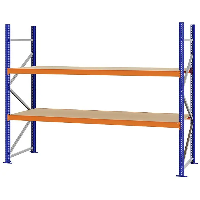 Proregal Schwerlastregal Weitspannregal MAGNUS PRO mit Spanplatten - H x B x T: 200 x 250 x 80 cm, Traglast pro Boden: 430 kg, Anzahl Böden: 2 Stk., Schrauben, Blau-Orange