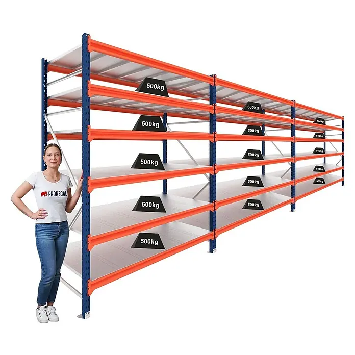 Proregal Schwerlastregal DOMINUS 3er Set mit Stahlplatten - H x B x T: 300 x 150 x 80 cm, Traglast pro Boden: 500 kg, Anzahl Böden: 6 Stk., Stecken, Blau/Orange