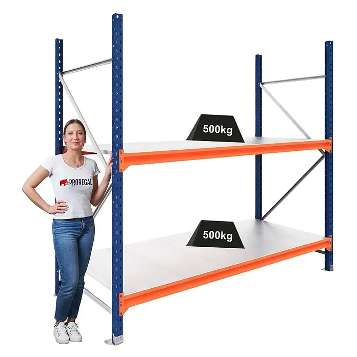 Proregal Schwerlastregal Grundregal DOMINUS mit Stahlplatten - H x B x T: 300 x 150 x 60 cm, Traglast pro Boden: 500 kg, Anzahl Böden: 2 Stk., Stecken, Blau/Orange