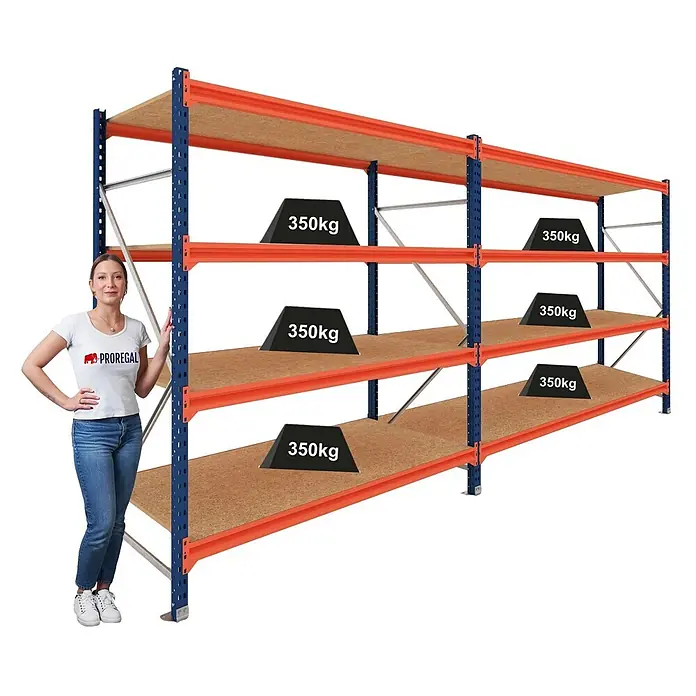 Proregal Schwerlastregal DOMINUS 2er Set mit Spanplatten - H x B x T: 300 x 195 x 100 cm, Traglast pro Boden: 350 kg, Anzahl Böden: 4 Stk., Stecken, Blau/Orange