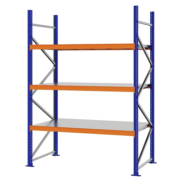 Proregal Schwerlastregal Weitspannregal MAGNUS PRO mit Stahlboden - H x B x T: 250 x 175 x 80 cm, Traglast pro Boden: 700 kg, Anzahl Böden: 3 Stk., Schrauben, Blau-Orange