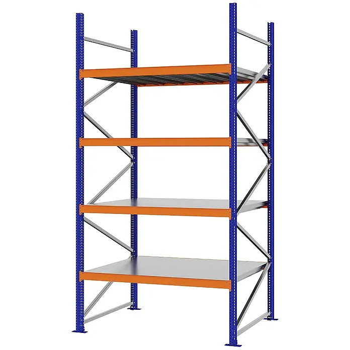 Proregal Schwerlastregal Weitspannregal MAGNUS PRO mit Stahlboden - H x B x T: 300 x 150 x 100 cm, Traglast pro Boden: 750 kg, Anzahl Böden: 4 Stk., Schrauben, Blau-Orange