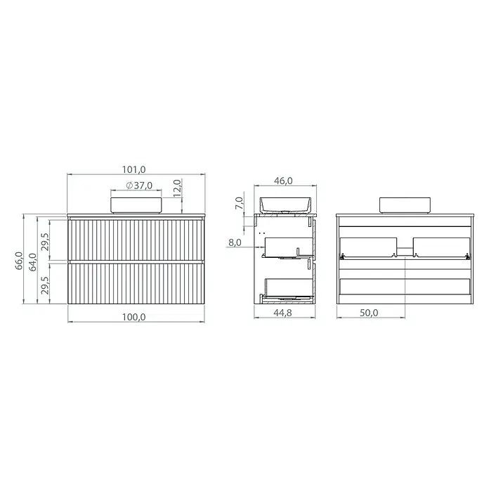 Artysan Conjunto de mueble de baño Zion - Ancho: 100 cm, Teka y blanco, 2 pzs. - Mueble de baño con dos cajones y lavabo sobre encimera, en vistas técnicas con dimensiones.