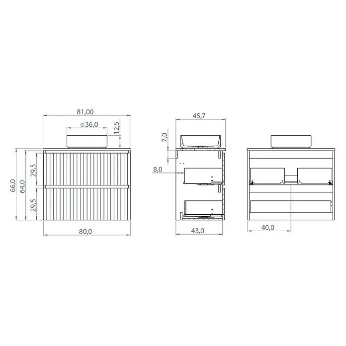 Artysan Conjunto de mueble de baño Zion - Ancho: 80 cm, Teka y negro, 2 pzs. - Dibujo técnico de un mueble de baño con lavabo sobre encimera y dos cajones, con dimensiones.