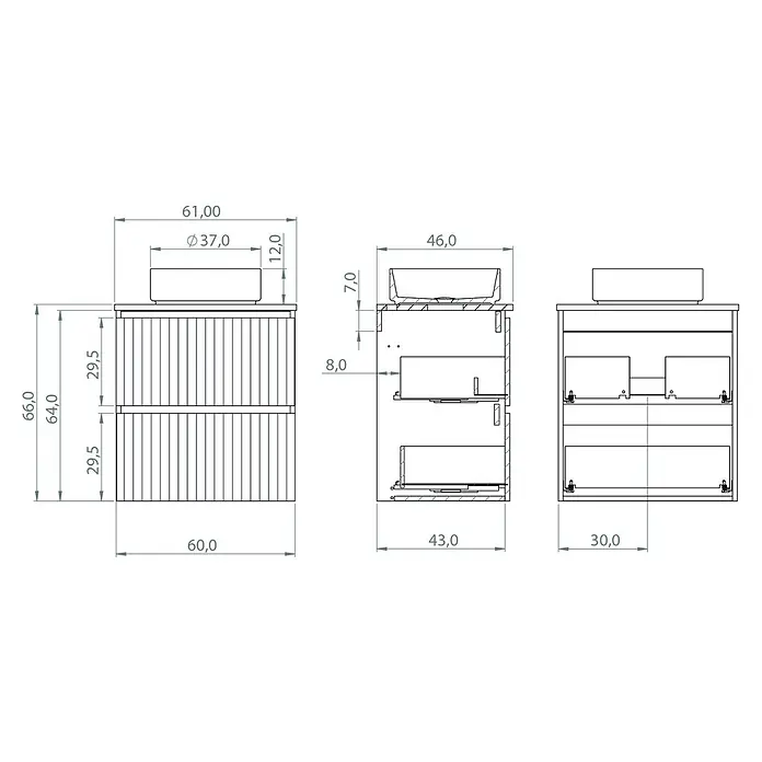 Artysan Conjunto de mueble de baño Zion - Ancho: 60 cm, Teka y blanco, 2 pzs. - Dibujo técnico de un mueble de baño de dos cajones con lavabo sobre encimera, con dimensiones detalladas.