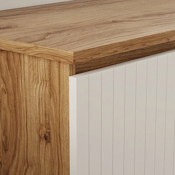 Artysan Conjunto de mueble de baño Zion - Ancho: 60 cm, Teka y blanco, 2 pzs. - Detalle de mueble de madera con acabado de veta natural y panel de lamas gris claro.