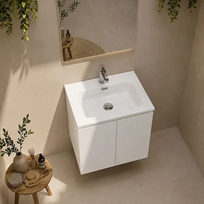 Mueble de lavabo Duna - An x Pr x Al: 60 x 46 x 54,5 cm, Blanco, Mate, Número de puertas: 2 ud. - Mueble de baño blanco suspendido con lavabo integrado y grifo cromado, en un baño moderno.