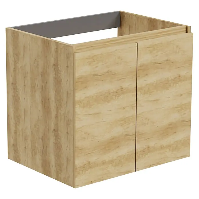 Mueble de lavabo Duna - An x Pr x Al: 60 x 46 x 54,5 cm, Nature, Mate, Número de puertas: 2 ud. - Mueble bajo de madera clara veteada con dos puertas y marco superior gris.