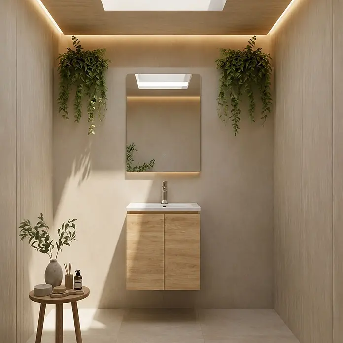 Mueble de lavabo Duna - An x Pr x Al: 60 x 46 x 54,5 cm, Nature, Mate, Número de puertas: 2 ud. - Mueble de baño flotante de madera clara con lavabo blanco y espejo en un baño moderno.