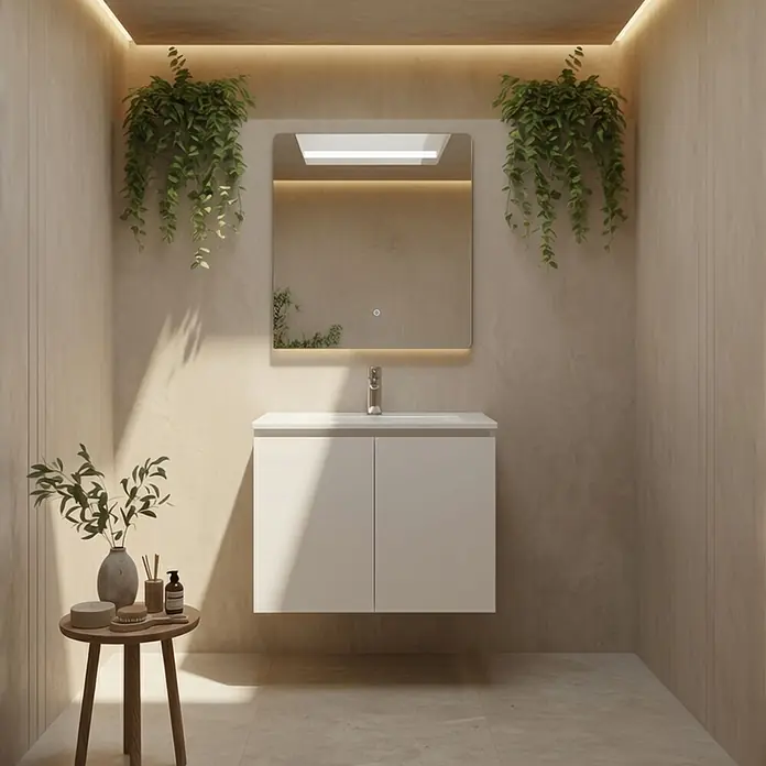 Conjunto de mueble de baño Duna - 80 cm, Blanco, Mate, 2 pzs., Número de puertas: 2 ud. - Mueble de baño flotante blanco con lavabo integrado y grifo cromado en un baño moderno.