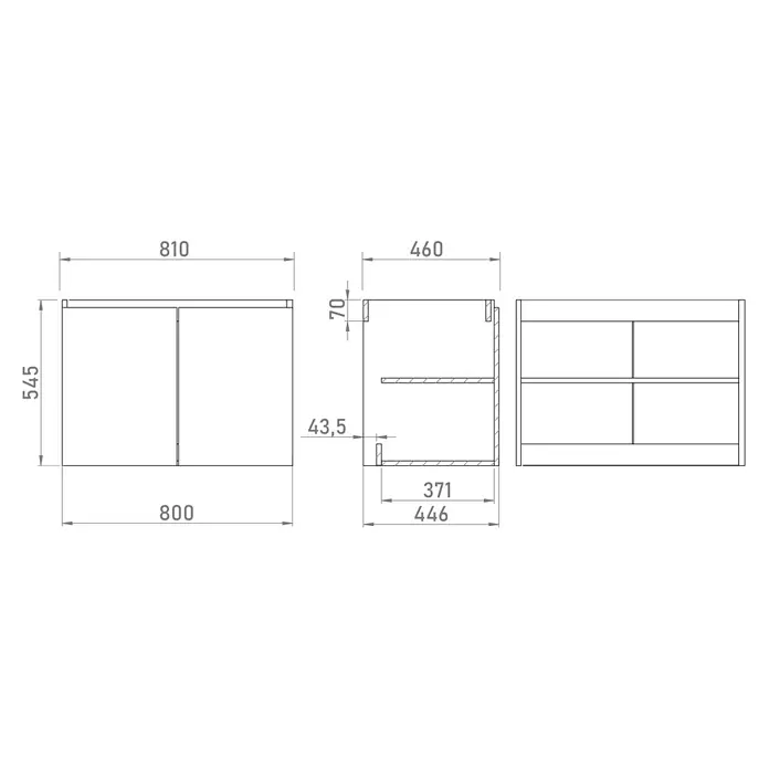 Mueble de lavabo Duna - An x Pr x Al: 80 x 46 x 54,5 cm, Nature, Mate, Número de puertas: 2 ud. - Dibujo técnico de un armario de dos puertas con estantes, mostrando dimensiones de ancho, alto y profundidad.