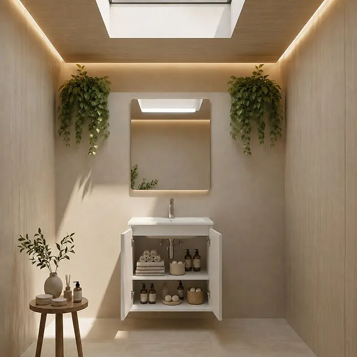 Conjunto de mueble de baño Duna - 60 cm, Blanco, Mate, 2 pzs., Número de puertas: 2 ud. - Mueble de baño blanco con lavabo integrado y armario abierto guardando toallas y artículos de tocador en un baño moderno.