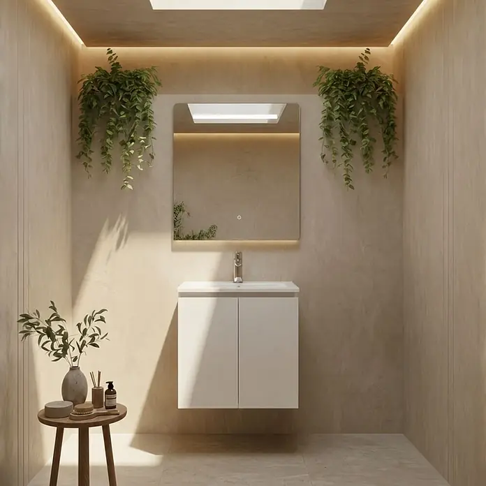 Conjunto de mueble de baño Duna - 60 cm, Blanco, Mate, 2 pzs., Número de puertas: 2 ud. - Mueble de baño blanco suspendido con lavabo integrado y espejo iluminado, en un baño moderno.