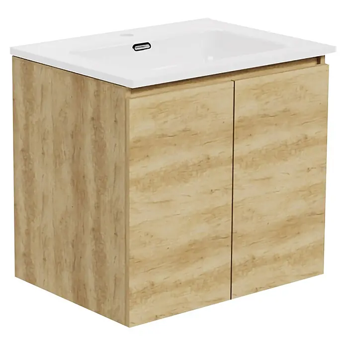 Conjunto de mueble de baño Duna - 60 cm, Nature, Mate, 2 pzs., Número de puertas: 2 ud. - Mueble de baño de madera clara con lavabo cerámico blanco integrado y dos puertas.