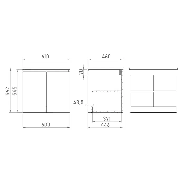 Conjunto de mueble de baño Duna - 60 cm, Blanco, Mate, 2 pzs., Número de puertas: 2 ud. - Dibujo técnico de un armario de dos puertas con estantes internos y dimensiones.