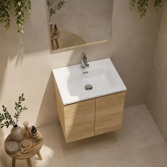 Conjunto de mueble de baño Duna - 60 cm, Nature, Mate, 2 pzs., Número de puertas: 2 ud. - Mueble de baño suspendido con lavabo blanco y armario de madera clara en un baño moderno.