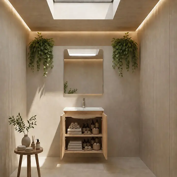 Conjunto de mueble de baño Duna - 60 cm, Nature, Mate, 2 pzs., Número de puertas: 2 ud. - Mueble de baño de madera clara con puertas abiertas, lavabo integrado, guardando toallas y artículos de tocador en un baño moderno.