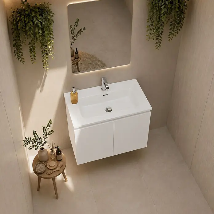 Conjunto de mueble de baño Duna - 80 cm, Blanco, Mate, 2 pzs., Número de puertas: 2 ud. - Mueble de baño blanco suspendido con lavabo integrado y grifo cromado en un baño moderno.