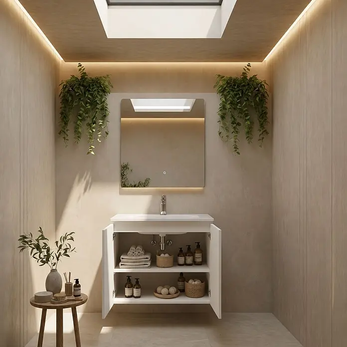 Conjunto de mueble de baño Duna - 80 cm, Blanco, Mate, 2 pzs., Número de puertas: 2 ud. - Tocador de baño blanco con lavabo y armario abierto mostrando toallas y artículos de tocador en un baño moderno.