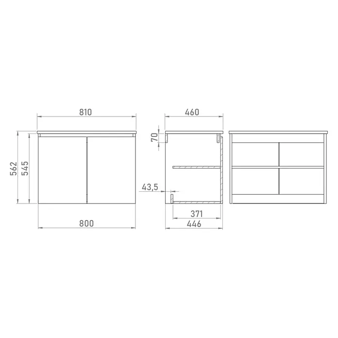Conjunto de mueble de baño Duna - 80 cm, Blanco, Mate, 2 pzs., Número de puertas: 2 ud. - Dibujo técnico de un mueble de baño con dos puertas y balda interior, mostrando dimensiones frontales, laterales y superiores.