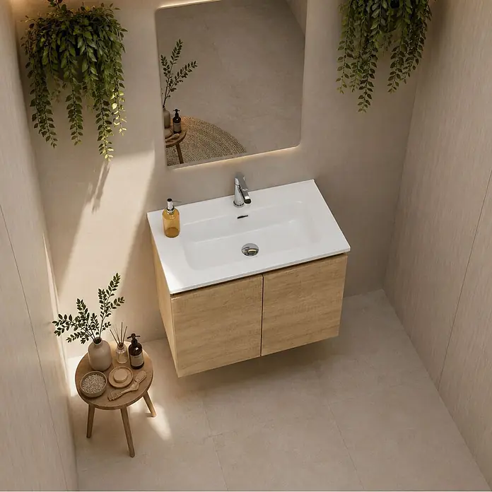 Conjunto de mueble de baño Duna - 80 cm, Nature, Mate, 2 pzs., Número de puertas: 2 ud. - Mueble de baño suspendido con lavabo blanco y armario de madera clara en un entorno de baño moderno.