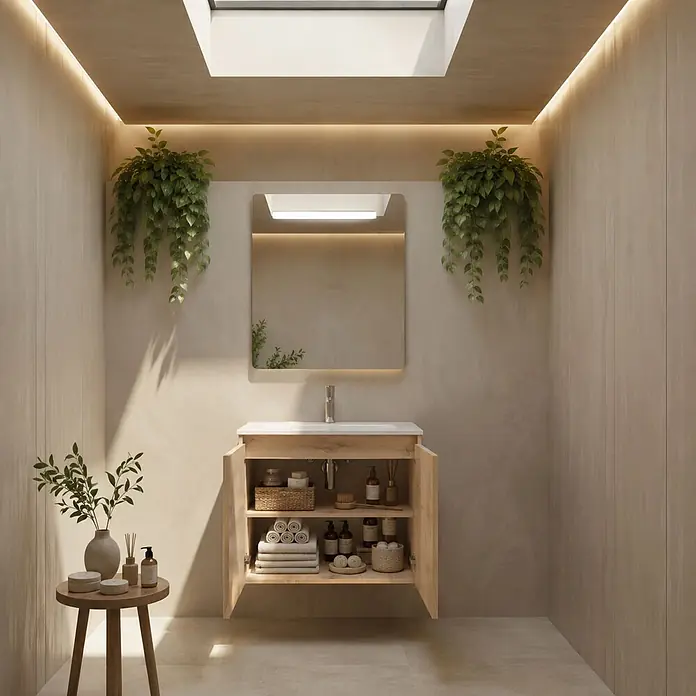Conjunto de mueble de baño Duna - 80 cm, Nature, Mate, 2 pzs., Número de puertas: 2 ud. - Mueble de baño de madera clara con puertas abiertas que revelan toallas y artículos de tocador organizados en un baño moderno.