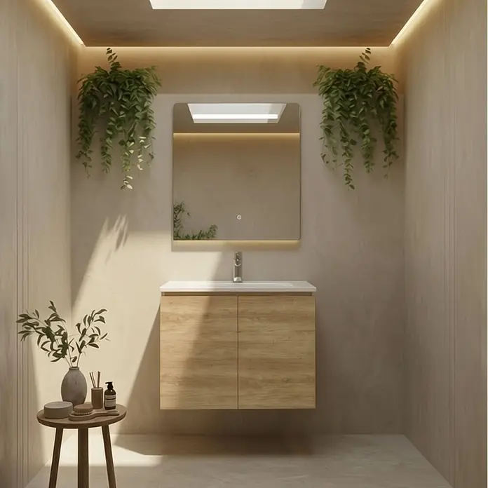 Conjunto de mueble de baño Duna - 80 cm, Nature, Mate, 2 pzs., Número de puertas: 2 ud. - Mueble de baño de madera clara con lavabo blanco y espejo moderno iluminado.