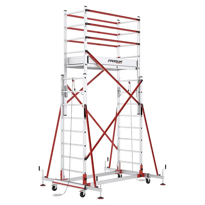 Andamio plegable Teletower - Altura de trabajo: 4,75 m, Ancho de la plataforma: 1,55 m, Longitud de la plataforma: 0,6 m - Andamio móvil de aluminio blanco y rojo con patas ajustables y sistema de elevación.