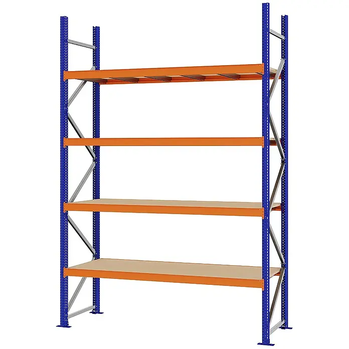 Proregal Schwerlastregal Weitspannregal MAGNUS PRO mit Spanplatten - H x B x T: 300 x 200 x 60 cm, Traglast pro Boden: 600 kg, Anzahl Böden: 4 Stk., Schrauben, Blau-Orange