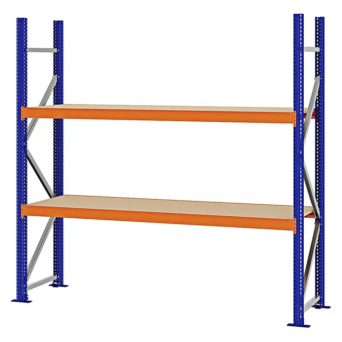 Proregal Schwerlastregal Weitspannregal MAGNUS PRO mit Spanplatten - H x B x T: 200 x 200 x 50 cm, Traglast pro Boden: 600 kg, Anzahl Böden: 2 Stk., Schrauben, Blau-Orange