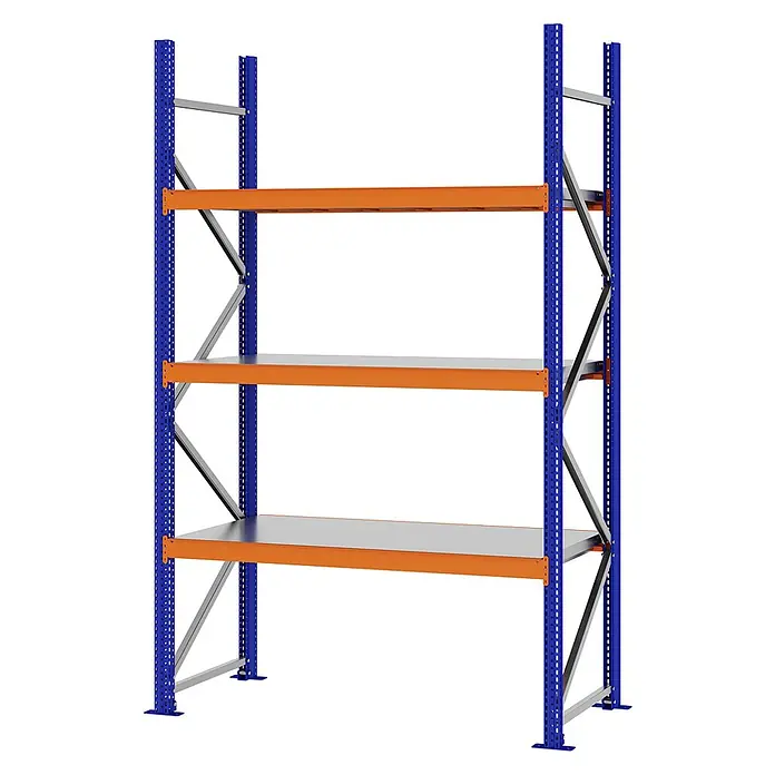 Proregal Schwerlastregal Weitspannregal MAGNUS PRO mit Stahlboden - H x B x T: 250 x 150 x 60 cm, Traglast pro Boden: 750 kg, Anzahl Böden: 3 Stk., Schrauben, Blau-Orange