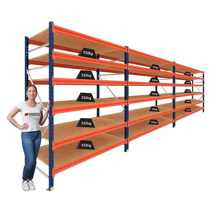 Proregal Schwerlastregal DOMINUS 3er Set mit Spanplatten - H x B x T: 300 x 240 x 100 cm, Traglast pro Boden: 332 kg, Anzahl Böden: 6 Stk., Stecken, Blau/Orange