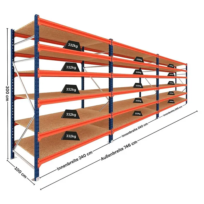 Proregal Schwerlastregal DOMINUS 3er Set mit Spanplatten - H x B x T: 300 x 240 x 100 cm, Traglast pro Boden: 332 kg, Anzahl Böden: 6 Stk., Stecken, Blau/Orange