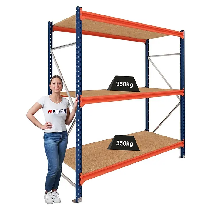 Proregal Schwerlastregal Grundregal DOMINUS mit Spanplatten - H x B x T: 300 x 195 x 80 cm, Traglast pro Boden: 350 kg, Anzahl Böden: 3 Stk., Stecken, Blau/Orange