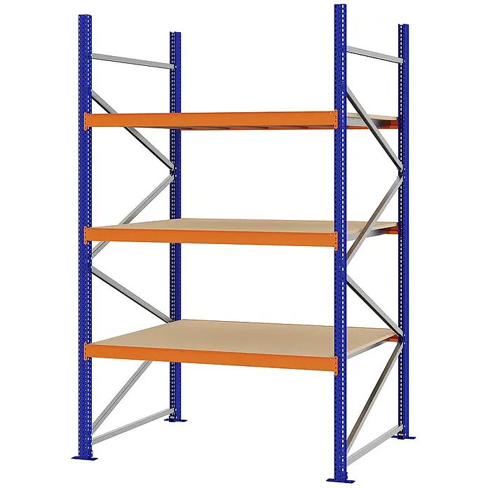 Proregal Schwerlastregal Weitspannregal MAGNUS PRO mit Spanplatten - H x B x T: 250 x 150 x 100 cm, Traglast pro Boden: 750 kg, Anzahl Böden: 3 Stk., Schrauben, Blau-Orange