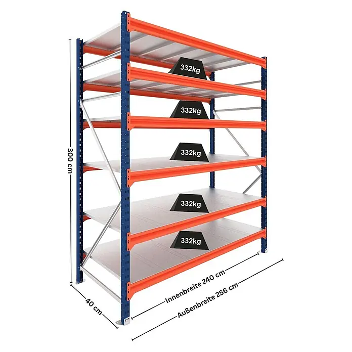 Proregal Schwerlastregal Grundregal DOMINUS mit Stahlplatten - H x B x T: 300 x 240 x 40 cm, Traglast pro Boden: 332 kg, Anzahl Böden: 6 Stk., Stecken, Blau/Orange