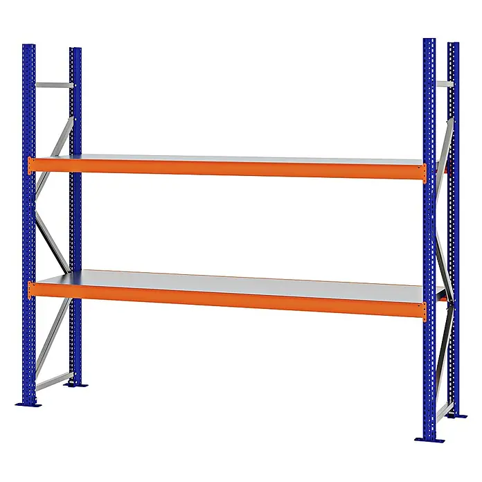 Proregal Schwerlastregal Weitspannregal MAGNUS PRO mit Stahlboden - H x B x T: 200 x 225 x 50 cm, Traglast pro Boden: 520 kg, Anzahl Böden: 2 Stk., Schrauben, Blau-Orange