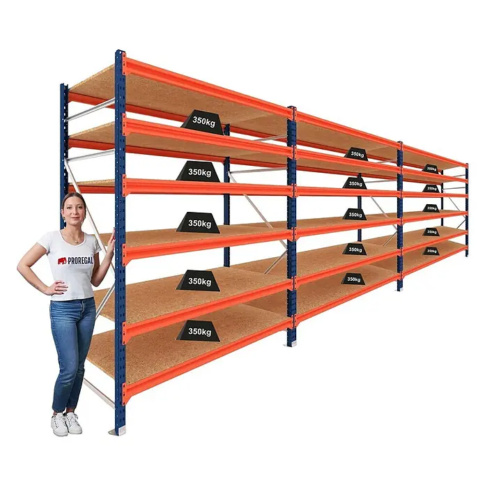 Proregal Schwerlastregal DOMINUS 3er Set mit Spanplatten - H x B x T: 300 x 195 x 80 cm, Traglast pro Boden: 350 kg, Anzahl Böden: 6 Stk., Stecken, Blau/Orange