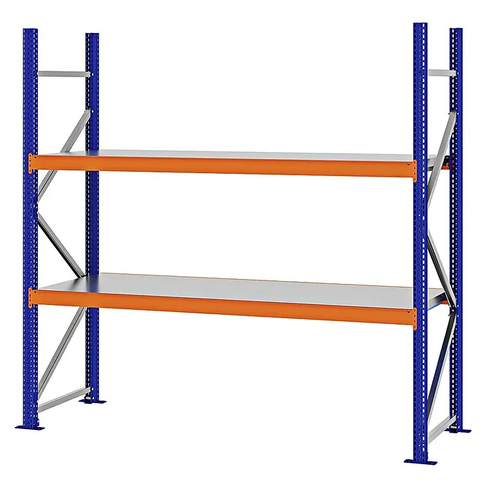 Proregal Schwerlastregal Weitspannregal MAGNUS PRO mit Stahlboden - H x B x T: 200 x 200 x 60 cm, Traglast pro Boden: 600 kg, Anzahl Böden: 2 Stk., Schrauben, Blau-Orange