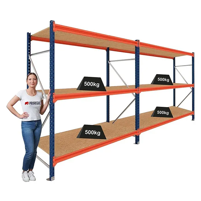 Proregal Schwerlastregal DOMINUS 2er Set mit Spanplatten - H x B x T: 300 x 150 x 80 cm, Traglast pro Boden: 500 kg, Anzahl Böden: 3 Stk., Stecken, Blau/Orange