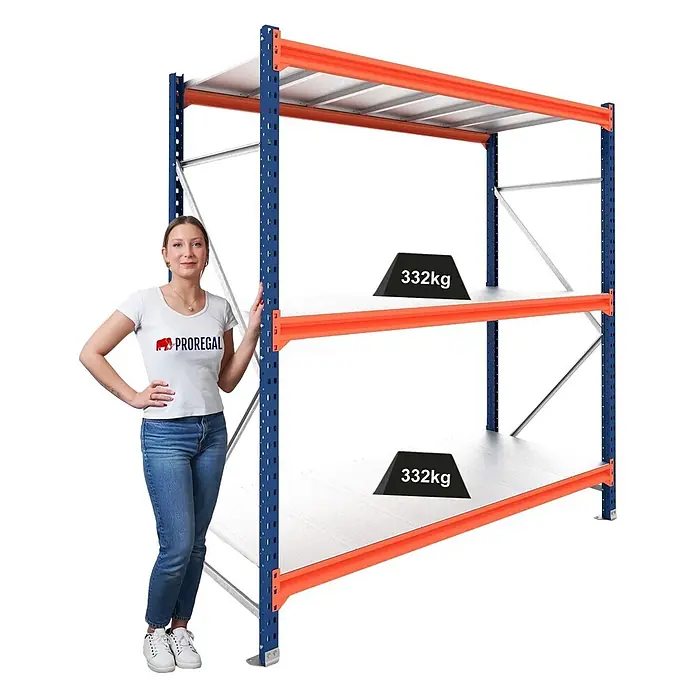 Proregal Schwerlastregal Grundregal DOMINUS mit Stahlplatten - H x B x T: 300 x 240 x 80 cm, Traglast pro Boden: 332 kg, Anzahl Böden: 3 Stk., Stecken, Blau/Orange