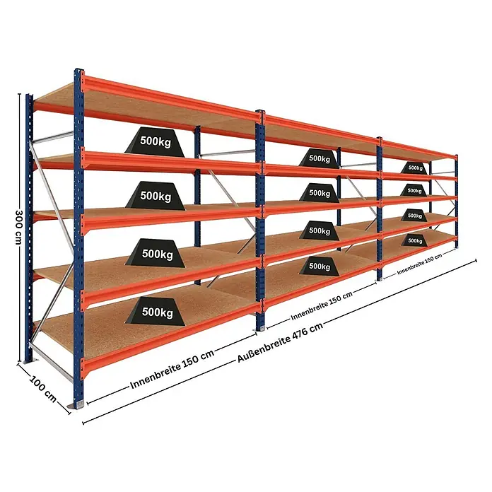 Proregal Schwerlastregal DOMINUS 3er Set mit Spanplatten - H x B x T: 300 x 150 x 100 cm, Traglast pro Boden: 500 kg, Anzahl Böden: 5 Stk., Stecken, Blau/Orange