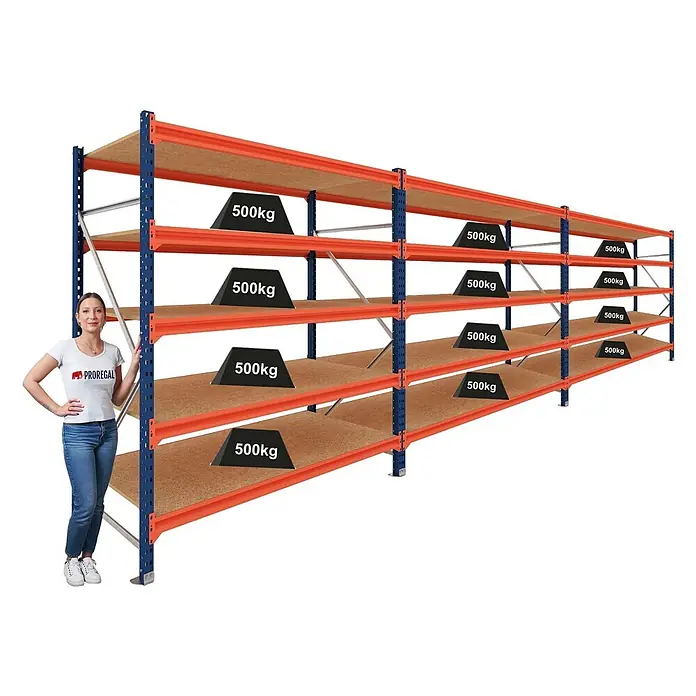 Proregal Schwerlastregal DOMINUS 3er Set mit Spanplatten - H x B x T: 300 x 150 x 100 cm, Traglast pro Boden: 500 kg, Anzahl Böden: 5 Stk., Stecken, Blau/Orange