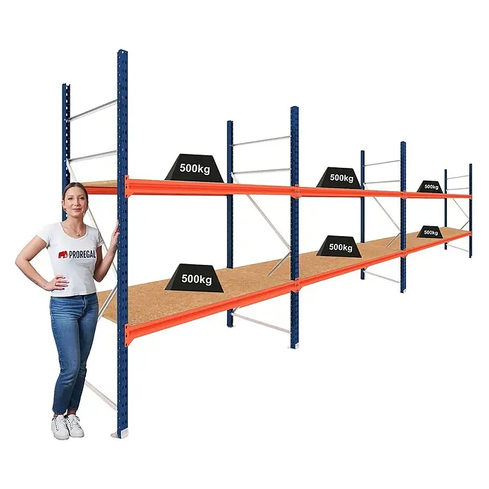 Proregal Schwerlastregal DOMINUS 3er Set mit Spanplatten - H x B x T: 300 x 150 x 80 cm, Traglast pro Boden: 500 kg, Anzahl Böden: 2 Stk., Stecken, Blau/Orange