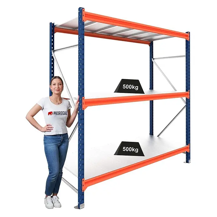Proregal Schwerlastregal Grundregal DOMINUS mit Stahlplatten - H x B x T: 300 x 150 x 80 cm, Traglast pro Boden: 500 kg, Anzahl Böden: 3 Stk., Stecken, Blau/Orange
