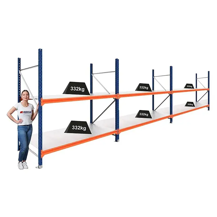Proregal Schwerlastregal DOMINUS 3er Set mit Stahlplatten - H x B x T: 300 x 240 x 80 cm, Traglast pro Boden: 332 kg, Anzahl Böden: 2 Stk., Stecken, Blau/Orange