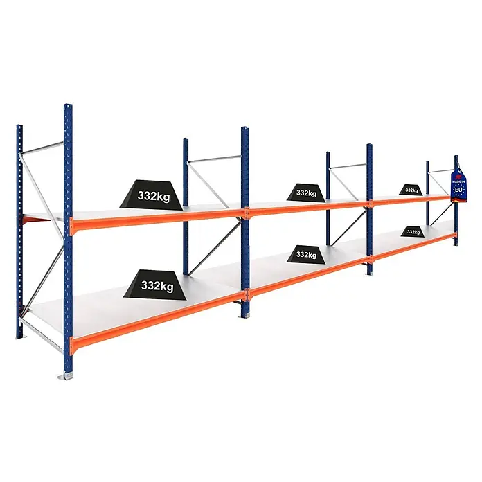 Proregal Schwerlastregal DOMINUS 3er Set mit Stahlplatten - H x B x T: 300 x 240 x 80 cm, Traglast pro Boden: 332 kg, Anzahl Böden: 2 Stk., Stecken, Blau/Orange